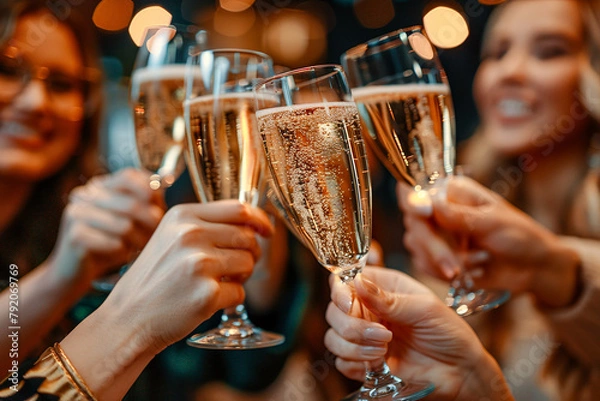 Fototapeta Champagne Sparkling wine Prosecco is poured into Glasses afterward and toasted Digital Art Wallpaper Background Backdrop Brainstorming Cover Card