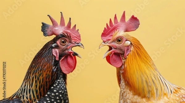 Fototapeta Two Phasianidae roosters with open beaks yelling ai each other, studio photo
