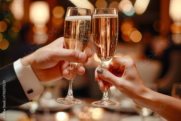 Obraz Champagne Sparkling wine Prosecco is poured into Glasses afterward and toasted Digital Art Wallpaper Background Backdrop Brainstorming Cover Card