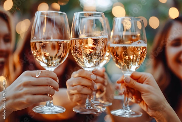 Fototapeta Champagne Sparkling wine Prosecco is poured into Glasses afterward and toasted Digital Art Wallpaper Background Backdrop Brainstorming Cover Card