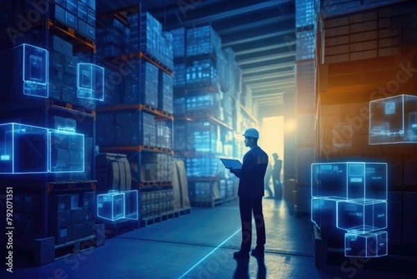 Fototapeta A man with a tablet in warehouse.