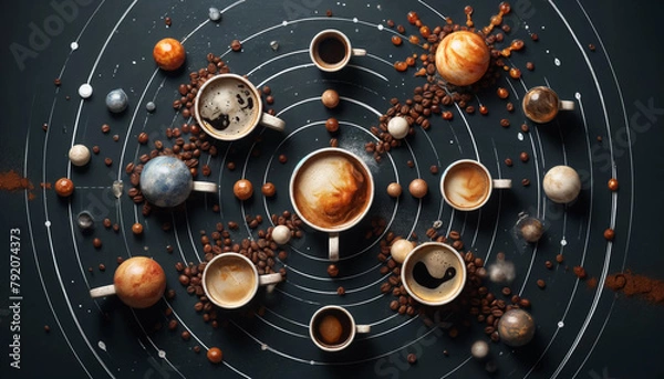 Fototapeta Cups and with black coffee and coffee beens- the solar system