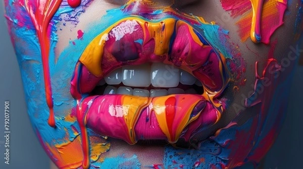 Fototapeta Colorful paint dripping from open mouth