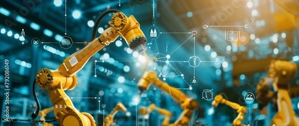 Fototapeta AI technology in industry, yellow robot arms with manufacturing and design icons, lines show information flow, blue industrial background