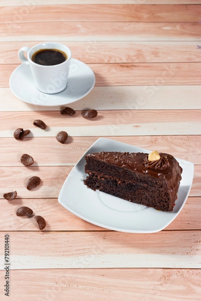 Obraz Delicious combination. Chocolate ganache cake and freshly brewed coffee.