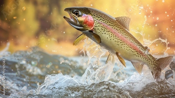 Fototapeta Captivating Moment of a Rainbow Trout Majestically Leaping from Crystal Clear Waters to Catch Bait,