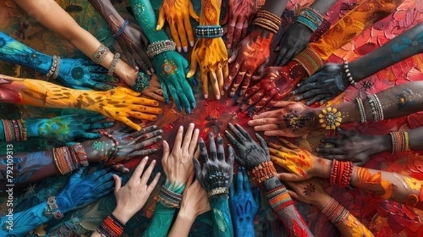 Obraz banner background National High Five Day theme, and wide copy space, [Illustrated hands of different skin tones exchanging high fives], for banner, UHD image