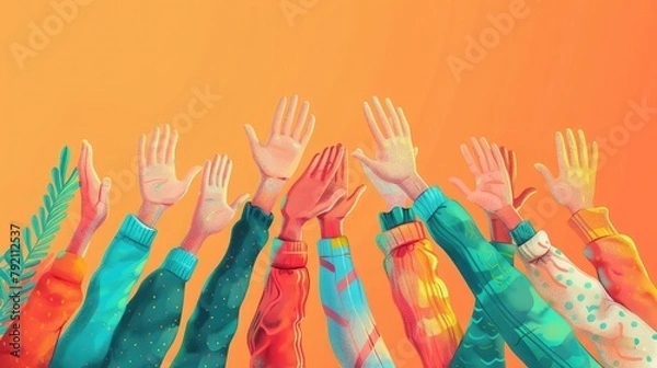 Fototapeta banner background National High Five Day theme, and wide copy space, [Illustrated hands of different skin tones exchanging high fives], for banner, UHD image