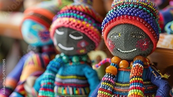 Fototapeta African unique rag dolls in traditional handmade colorful beads and fabrics clothes. Craftsmanship. African fashion. Local craft market in South Africa. Ethnic costume of tribe Sesotho, Basotho.


