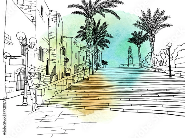 Obraz Nice view of the old Jaffa. Tel Aviv, Israel. Trendy urban landscape. Cityscape. Hand drawn sketch. Line art. Postcards.	