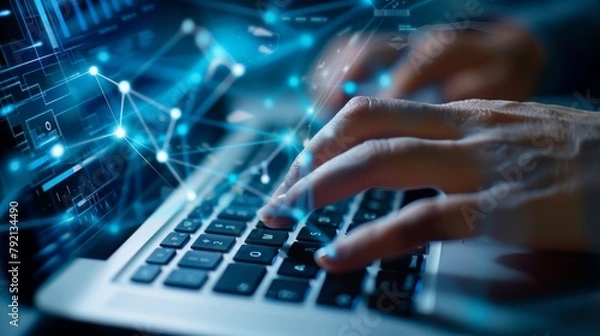 Fototapeta Communication network concept, businessman typing on tablet with overlay glowing many applications overlay in background, business digital and business growth and development concept, network digital 