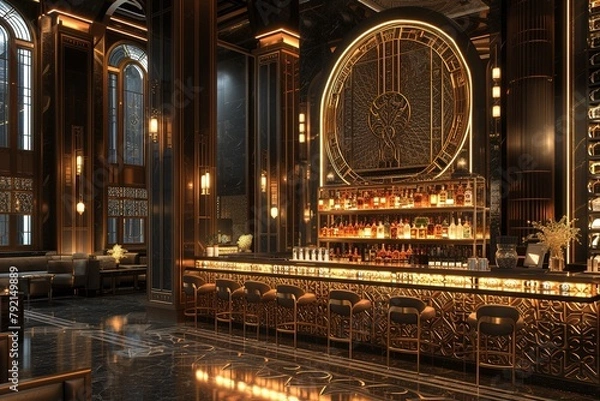 Fototapeta Art Deco-inspired bar area with mirrored surfaces and geometric patterns.