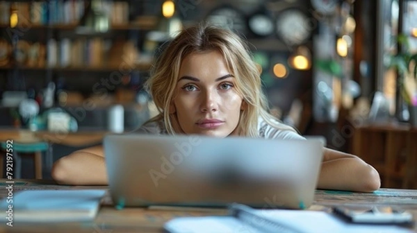 Obraz Woman Working on Laptop at Table
