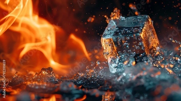 Fototapeta Closeup of an ice cube melting rapidly on a hot, fiery surface, capturing the conflict and interaction between opposite elements