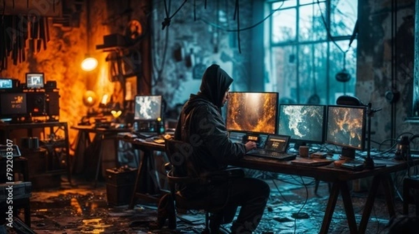 Obraz A hacker in a hoodie is sitting at a table in a dark room with computers. The concept of hacking and cyber terrorism.