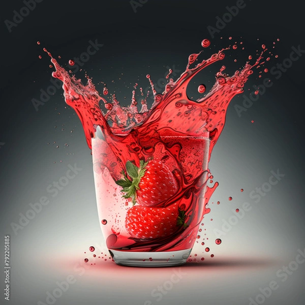 Fototapeta Illustration of Strawberry Juice in a Glass with Straw on a Black Background, Bright Red Color and Minimalist Composition