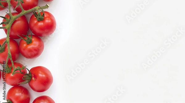 Fototapeta Multiple Fresh Red Tomatoes Arranged Randomly on a Plain White Background with Soft Natural Lighting, Showing Smooth Skins and Stems, Isolated Top View of Whole Ripe Tomatoes