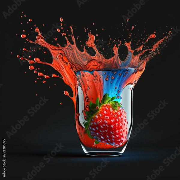 Fototapeta Illustration of Strawberry Juice in a Glass with Straw on a Black Background, Bright Red Color and Minimalist Composition