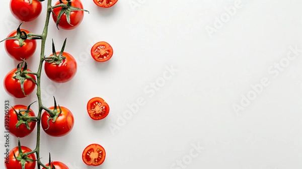 Fototapeta Multiple Fresh Red Tomatoes Arranged Randomly on a Plain White Background with Soft Natural Lighting, Showing Smooth Skins and Stems, Isolated Top View of Whole Ripe Tomatoes