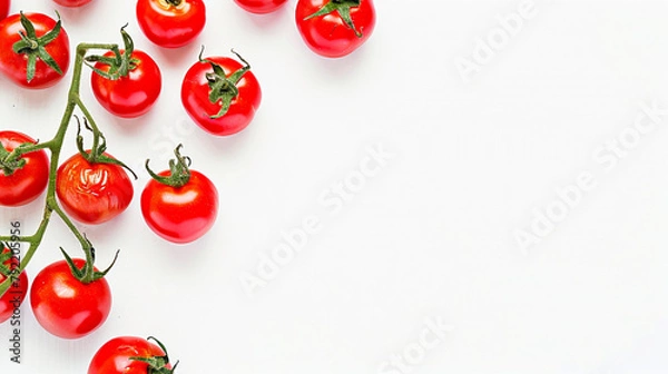Fototapeta Multiple Fresh Red Tomatoes Arranged Randomly on a Plain White Background with Soft Natural Lighting, Showing Smooth Skins and Stems, Isolated Top View of Whole Ripe Tomatoes