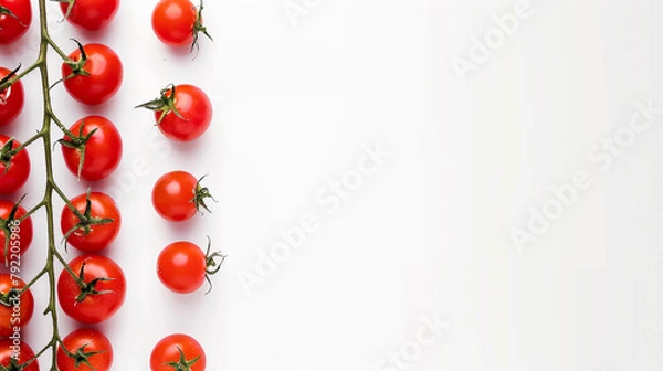 Fototapeta Multiple Fresh Red Tomatoes Arranged Randomly on a Plain White Background with Soft Natural Lighting, Showing Smooth Skins and Stems, Isolated Top View of Whole Ripe Tomatoes