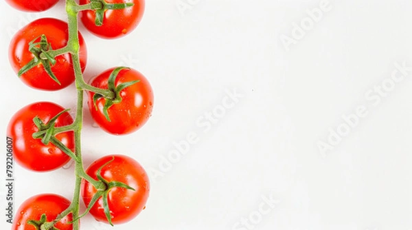 Fototapeta Multiple Fresh Red Tomatoes Arranged Randomly on a Plain White Background with Soft Natural Lighting, Showing Smooth Skins and Stems, Isolated Top View of Whole Ripe Tomatoes