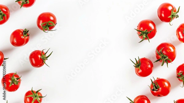 Fototapeta Multiple Fresh Red Tomatoes Arranged Randomly on a Plain White Background with Soft Natural Lighting, Showing Smooth Skins and Stems, Isolated Top View of Whole Ripe Tomatoes