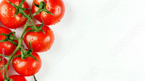 Fototapeta Multiple Fresh Red Tomatoes Arranged Randomly on a Plain White Background with Soft Natural Lighting, Showing Smooth Skins and Stems, Isolated Top View of Whole Ripe Tomatoes