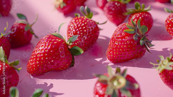 Fototapeta Multiple Fresh Red Strawberries Randomly Scattered on a Soft Pink Background, Top View Showing Whole Fruits with Green Leaves, Isolated Composition 