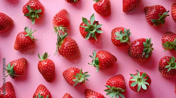 Fototapeta Multiple Fresh Red Strawberries Randomly Scattered on a Soft Pink Background, Top View Showing Whole Fruits with Green Leaves, Isolated Composition 