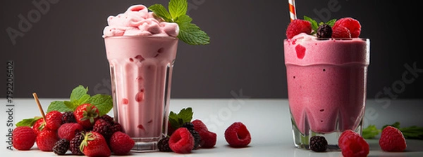 Fototapeta Strawberry Milkshake with Real Fruit Chunks and Fresh Mint Leaves in a Glass – Refreshing Cold Pink Beverage, Sweet Summer Drink, Creamy Dessert with Natural Ingredients, Close-Up of Fruity Milkshake 