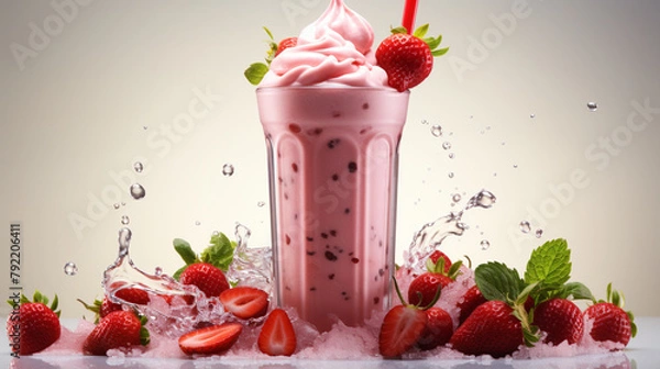 Fototapeta Strawberry Milkshake with Real Fruit Chunks and Fresh Mint Leaves in a Glass – Refreshing Cold Pink Beverage, Sweet Summer Drink, Creamy Dessert with Natural Ingredients, Close-Up of Fruity Milkshake 