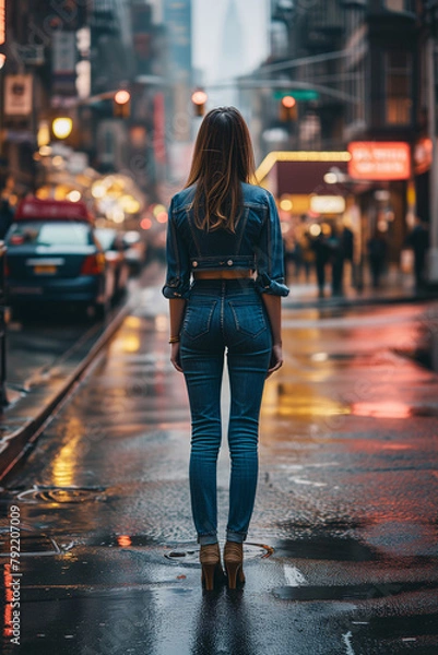 Obraz Back view of a young woman in a blue jacket walking in the rain in New York City