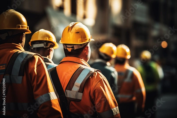 Fototapeta Construction workers in a line are going to their working place, the construction site. All are wearing protective, vibrant, and high-visibility vests and jackets, and hard hats.