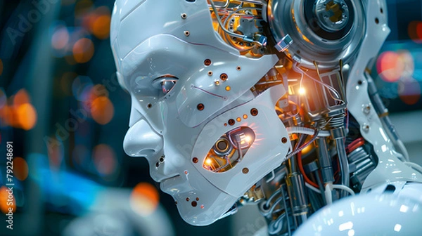 Fototapeta A robot humanoid AI engine machine technology in laboratory room.