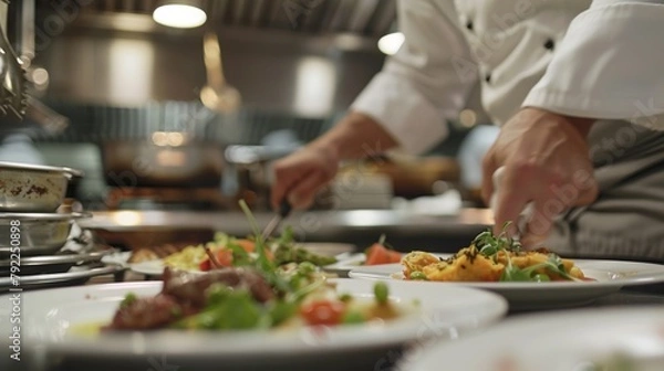 Fototapeta A behind the scenes look at a chef in the kitchen focused and in their element as they plate dishes with precision and skill. .
