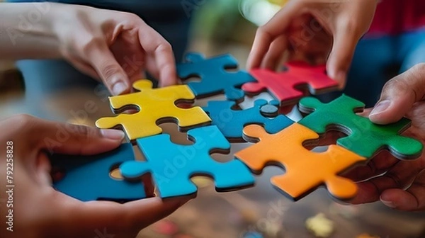 Fototapeta Hands assembling colorful puzzle pieces, Concept of teamwork, strategy, and problem-solving