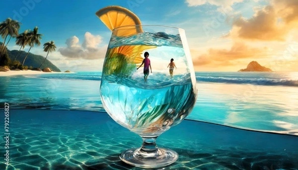 Fototapeta A captivating 3D render of a surreal beach scene, where a large, transparent cocktail glass fills with water, and people are seen swimming inside