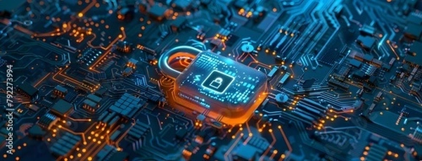 Obraz Futuristic digital padlock with holographic security symbols on intricate circuitry background.