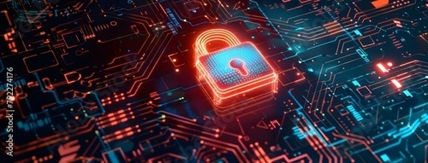 Obraz Futuristic digital padlock with holographic security symbols