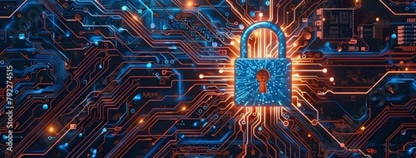 Obraz Futuristic digital padlock with holographic security symbols on circuit board background.
