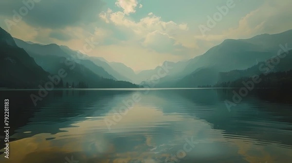 Obraz Mountains reflected in lake poster background