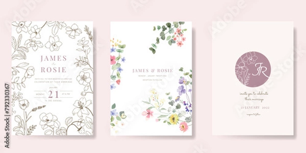 Obraz Minimal pink botanical Wedding Invitation, floral invite thank you, rsvp modern card Design in leaf and flower water color texture decorative Vector elegant rustic template