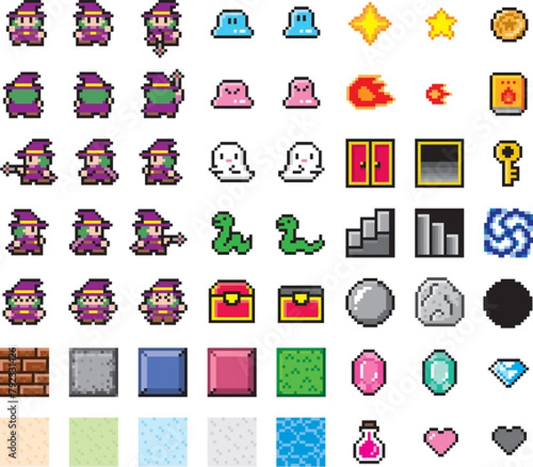 Fototapeta 迷路ゲーム風ドット絵　魔女セット