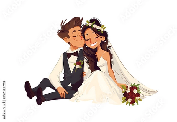 Obraz Cartoon bride and groom smiling in wedding attire, with bouquet, vector clipart. Generative AI