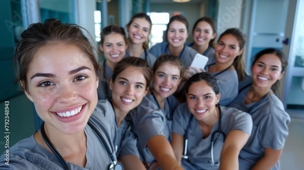 Fototapeta Unified Care: Group of Smiling Female Nurses Taking a Selfie Together in Hospital, Capturing Diversity and Professionalism