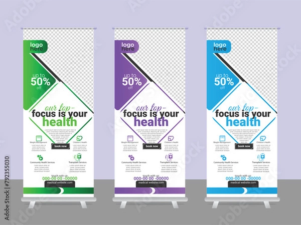 Obraz Medical roll up banner template for doctor and hospital service promotion.
