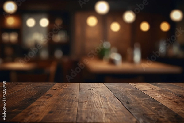 Fototapeta grunge wooden tabletop with a blurred dinner scene in the background