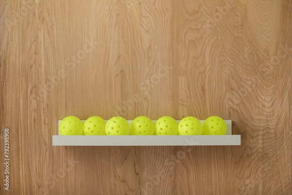 Obraz Seven pickleballs on white shelf