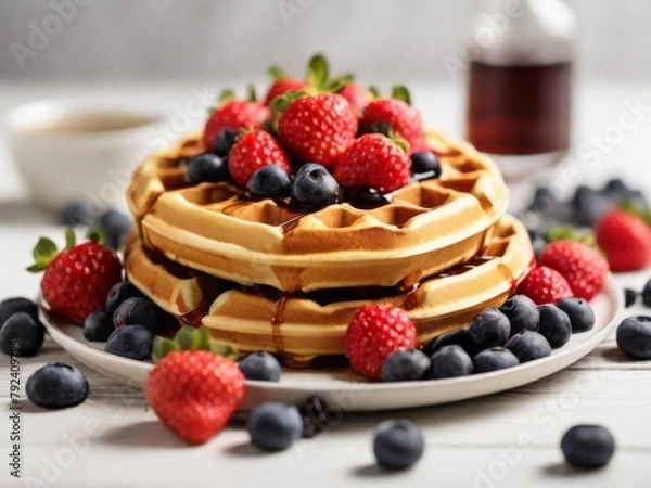 Fototapeta Whole wheat Belgium waffle topped with boysenberry syrup, whipped cream, walnuts, and freshly chopped strawberries horizontal shot